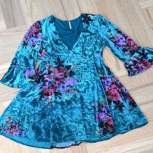 FREE PEOPLE Floral Velvet Dress in Teal and Pink Small